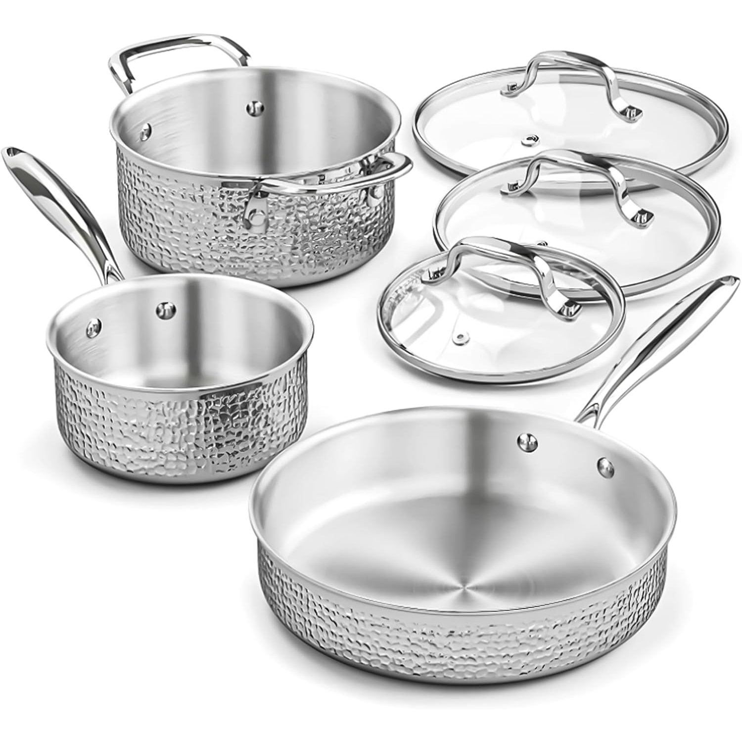 AuFranc Stainless Steel Hammered Pots and Pans Set with Glass Lid, 6pcs Cookware Set, Kitchen Induction Cooking Pot and Pan Set Suitable for All Cooktops, Oven & Dishwasher Safe, Non-Toxic (Silver)