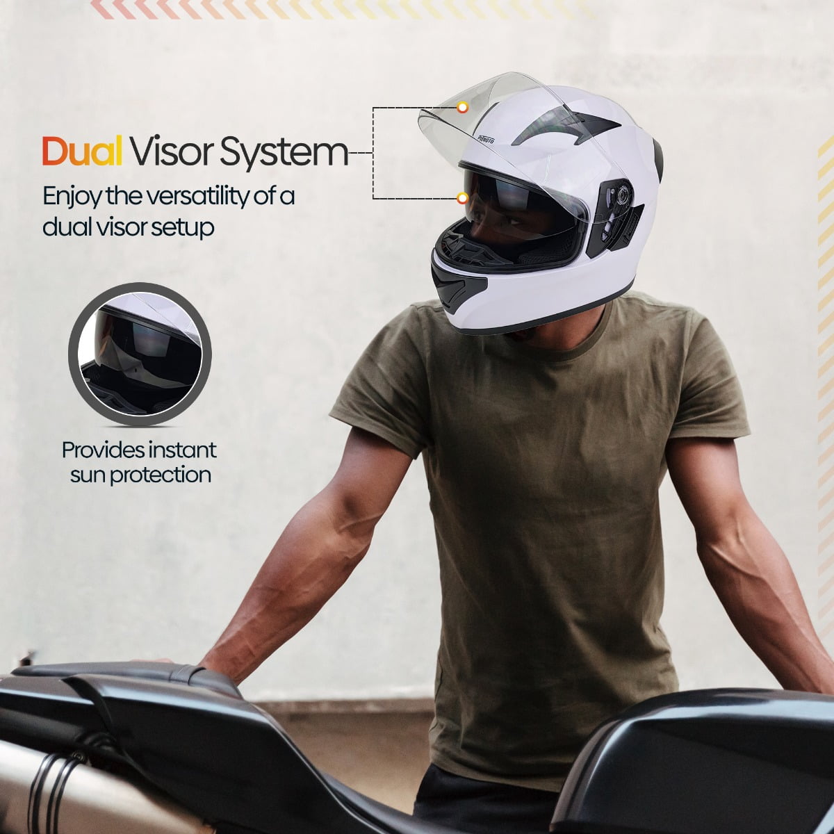PITMOTO PM-888, Full Face Dual Visor DOT Approved Motorcycle Helmet-White-X-Large