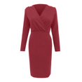 thumbnail image 4 of Women'sSolidSlimLongSleeveDeepVNeckPleatedLongBagHipHedgingDress, 4 of 5