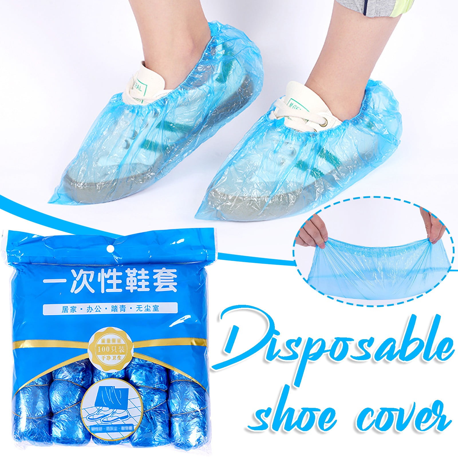 100Pcs Plastic Rain Waterproof Disposable Shoe Covers Overshoes Blue Boot Cover 