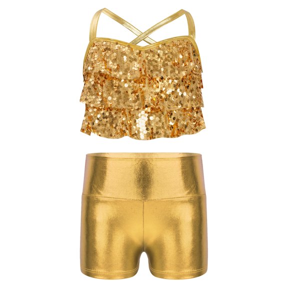 Aiihoo Girls Skirt Suit Latin Jazz Dance Outfit Sets Modern Dancewear Tiered Ruffles Metallic Crop Top with Shorts Set Gold 10
