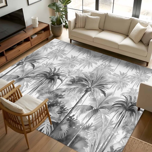 6x9 Area Rugs, Summer Tropical Leaves Non-Skid Rubber Backing Large Rectangle Rugs - Living Room Bedroom Home Office, Gray Palm Trees Botanical Indoor Floor Mat Carpets Washable Rug