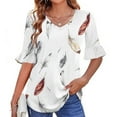 thumbnail image 3 of JTZGDY Womens Tops 3/4 Flared Sleeve Cute Floral Printed Summer V Neck Graphic Tunic T-Shirts Loose Irregular Hem Blouse Dressy Ruffle Top White S, 3 of 6