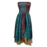 Mogul Womens Ethnic Dress Vintage Silk Sari Green Printed Two Layered Maxi Skirt