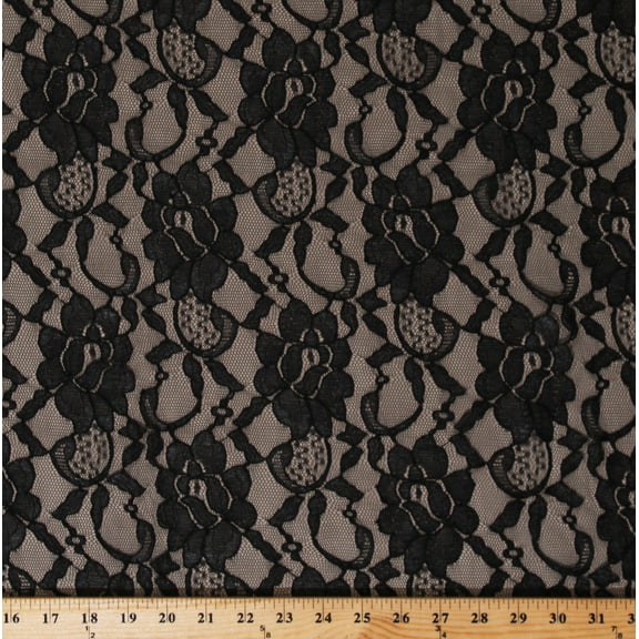 Black Open Floral Lace with Double Scalloped Edge Slight Sheen 60" Wide Polyester/Blend Dutch Lace Fabric by the Yard (7334T-7C)