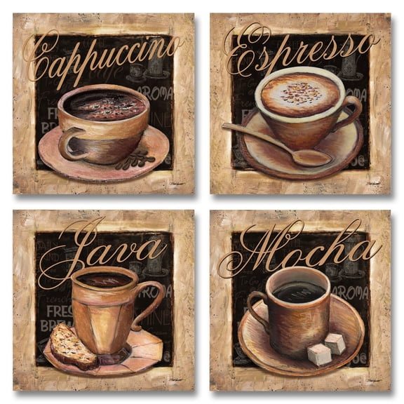 Lovely, Classic Coffee Cups; Mocha, Cappacino, Espresso, and Java Signs; Four 12X12 Poster Prints