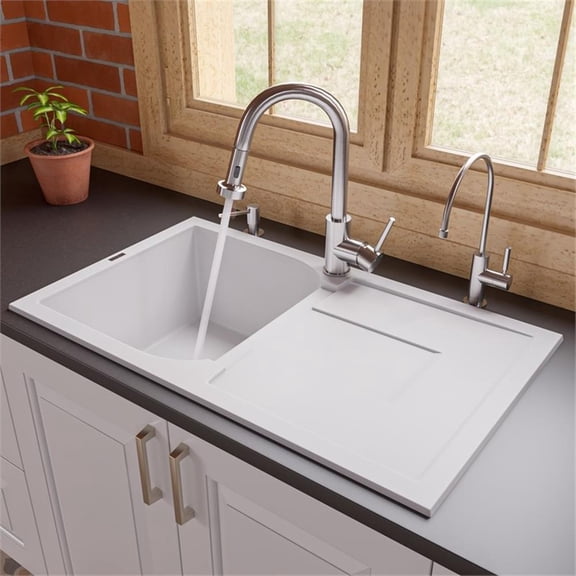 Pemberly Row White 34" Single Bowl Granite Composite Kitchen Sink w/ Drainboard