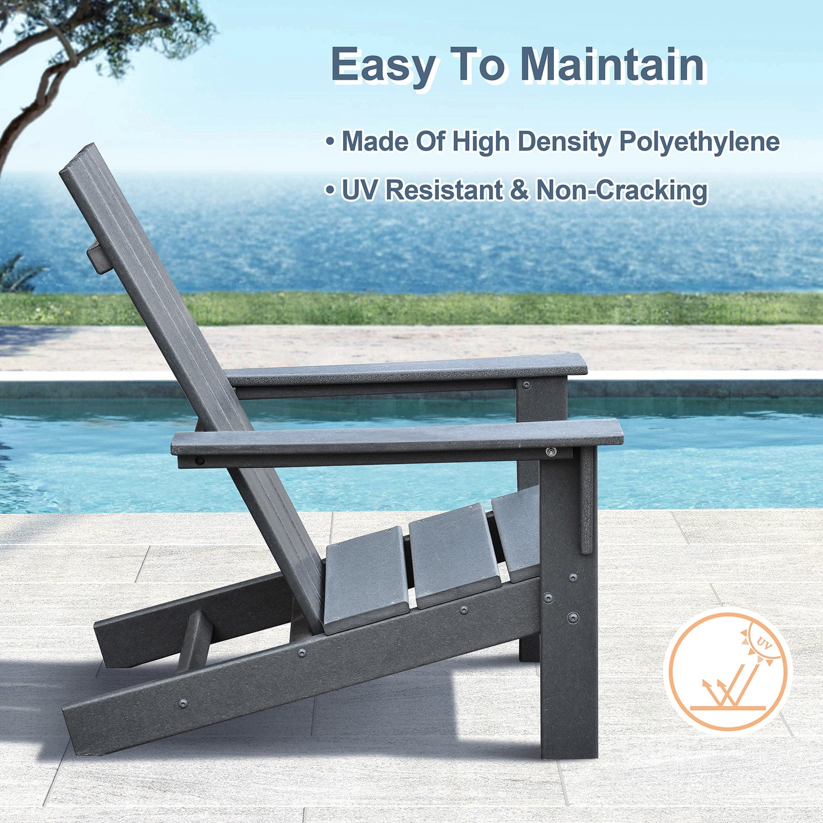 JP Outdoor Modern Adirondack Chair, Outdoor Oversize Plastic Fire Pit Chair,Gray