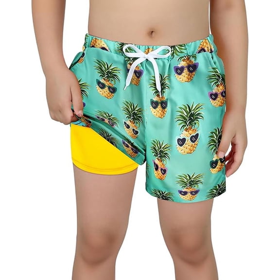 Rggeeun Baby Boys Swimsuit Set Cute Fruit Pattern Elastic Waist with Adjustable Tie Double Layer Wide Leg Knee Length Swim Trunks for Summer Holiday Beach Adorable Beachwear,Green,13-14 Years