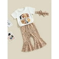 thumbnail image 3 of Bagilaanoe 3pcs Toddler Baby Girl Long Pants Set Letter Print Short Sleeve T-Shirts Tops + Leopard Flare Trousers + Headbands 12M 18M 24M 3T 4T 5T Kids Casual Outfits, 3 of 8