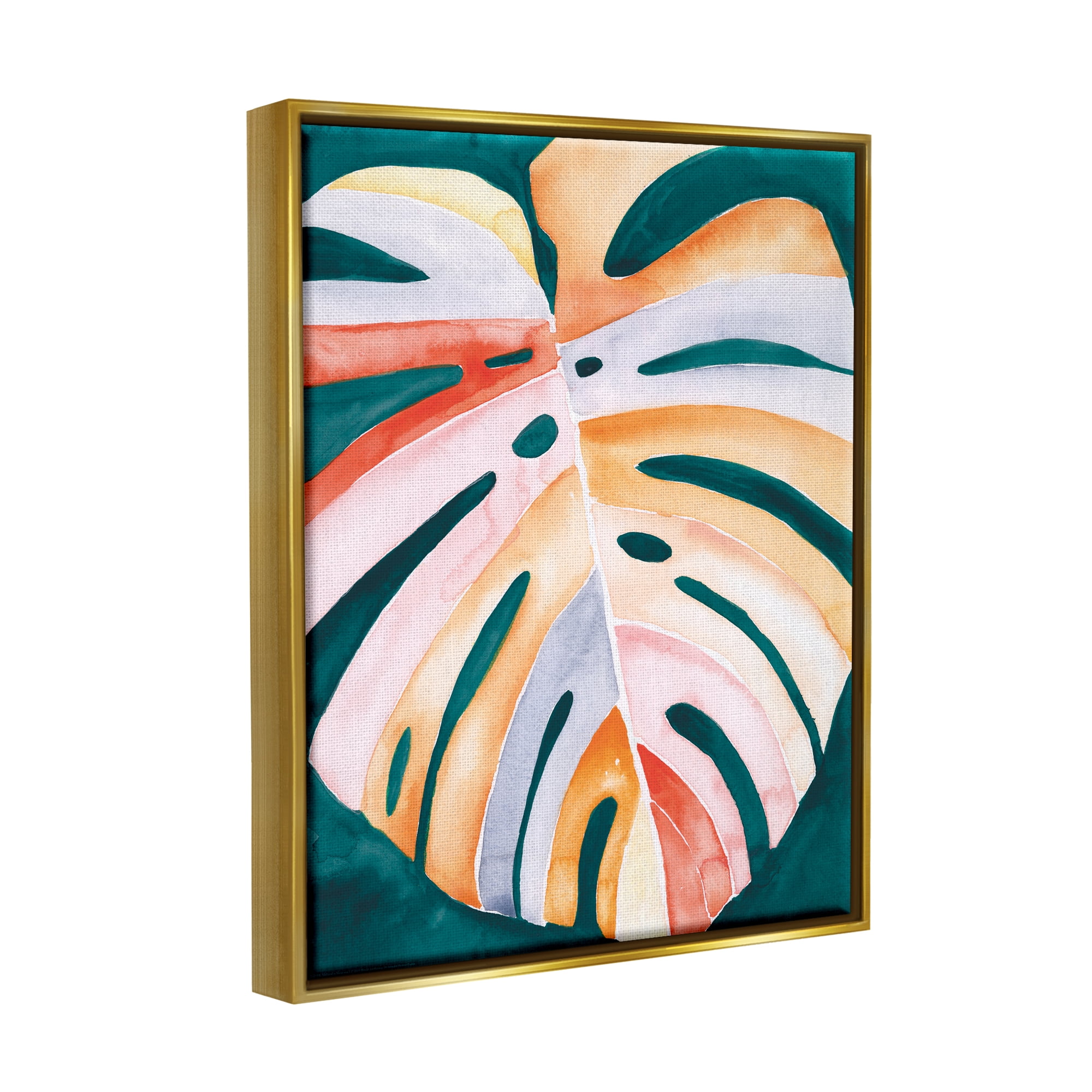 Stupell Industries Tropical Monstera Leaf Botanical & Floral Painting Gold Floater Framed Art Print Wall Art, 17 x 21