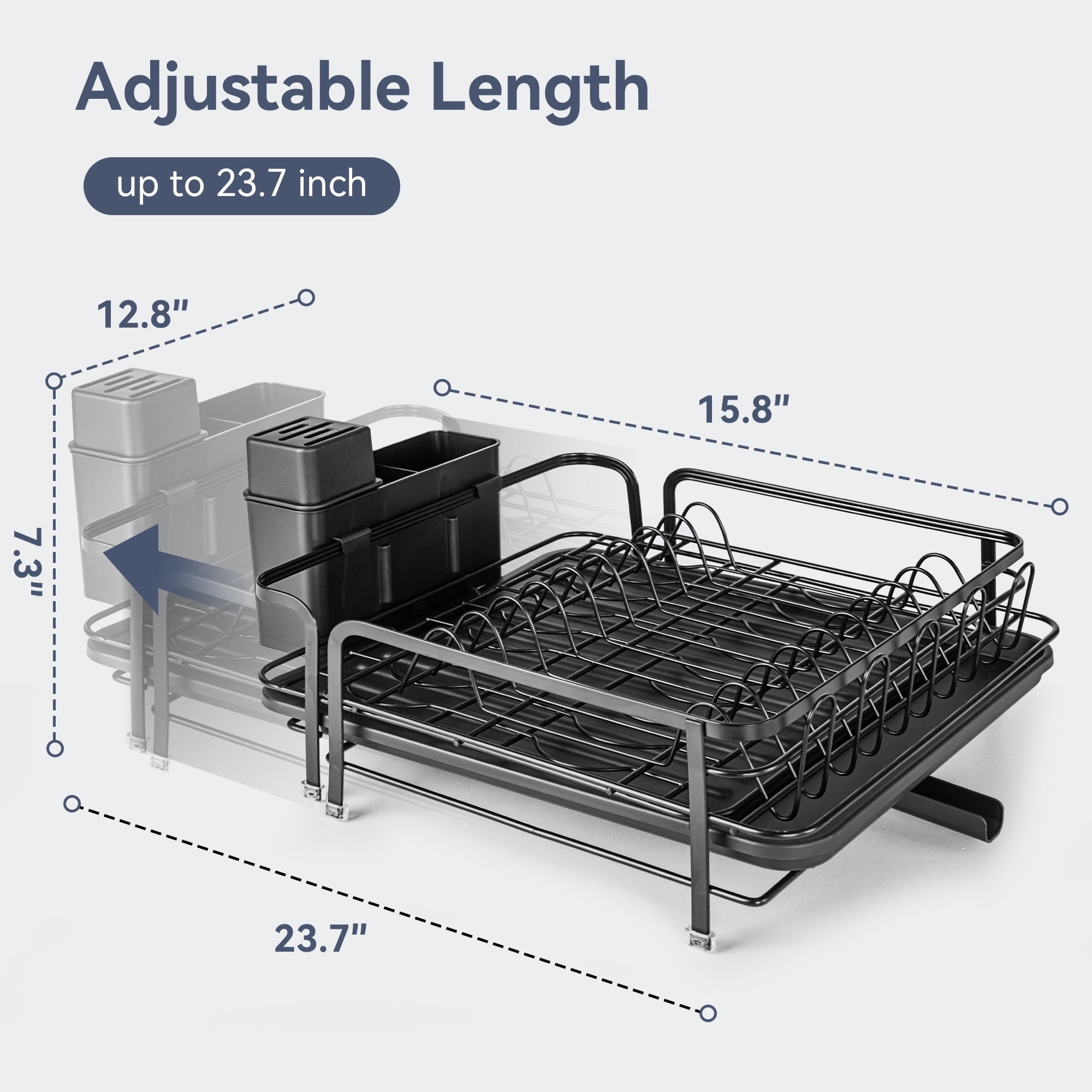 VUSIGN Extendable Dish Rack, Multifunctional Dish Rack for Kitchen Counter, Anti-Rust Drying Dish Rack with Cutlery & Cup Holders