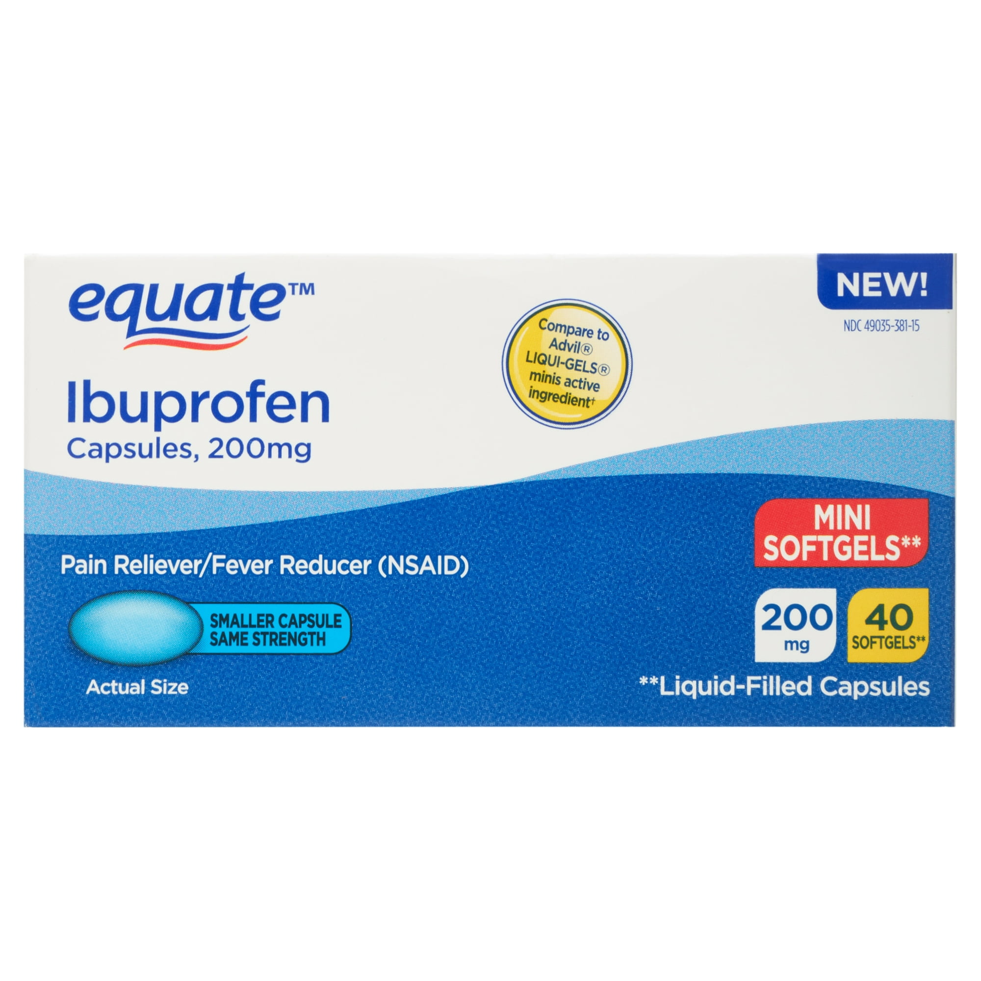 Equate Ibuprofen Mini Liquid Filled Softgel Capsules, 200 mg, Pain Relief & Fever Reducer, 40 Count, Compare to Advil® LIQUI-GELS Minis Active Ingredient