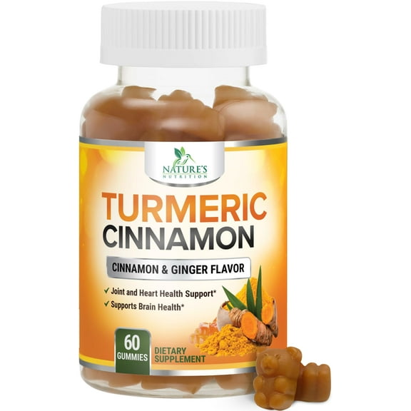 Turmeric Curcumin Supplement Gummies - 95% Curcuminoids with Turmeric Ginger, Black Pepper for Best Absorption, Nature's Vegan Joint Support, Non-GMO, Gluten Free, Tasty Cinnamon Flavor - 60 Gummies