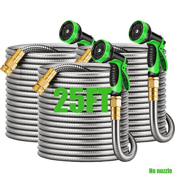 25FT Stainless Steel Garden Hose, Lightweight Flexible Metal Hose with Brass Connectors, Kink and Tangle Resistant Outdoor Water Hose for Garden, Patio and Car Washing, No Nozzle