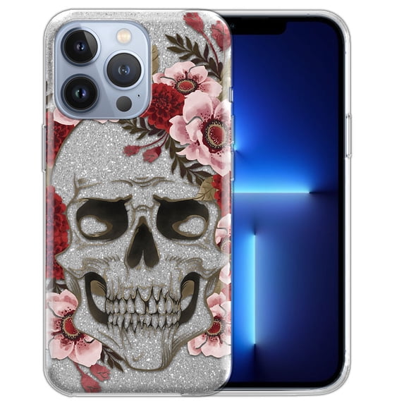 WIRESTER Clear/Silver Glitter Case, Sparkle Bling TPU Cover for Apple iPhone 13 Pro 6.1" 2021, Red Pink Skull Flowers