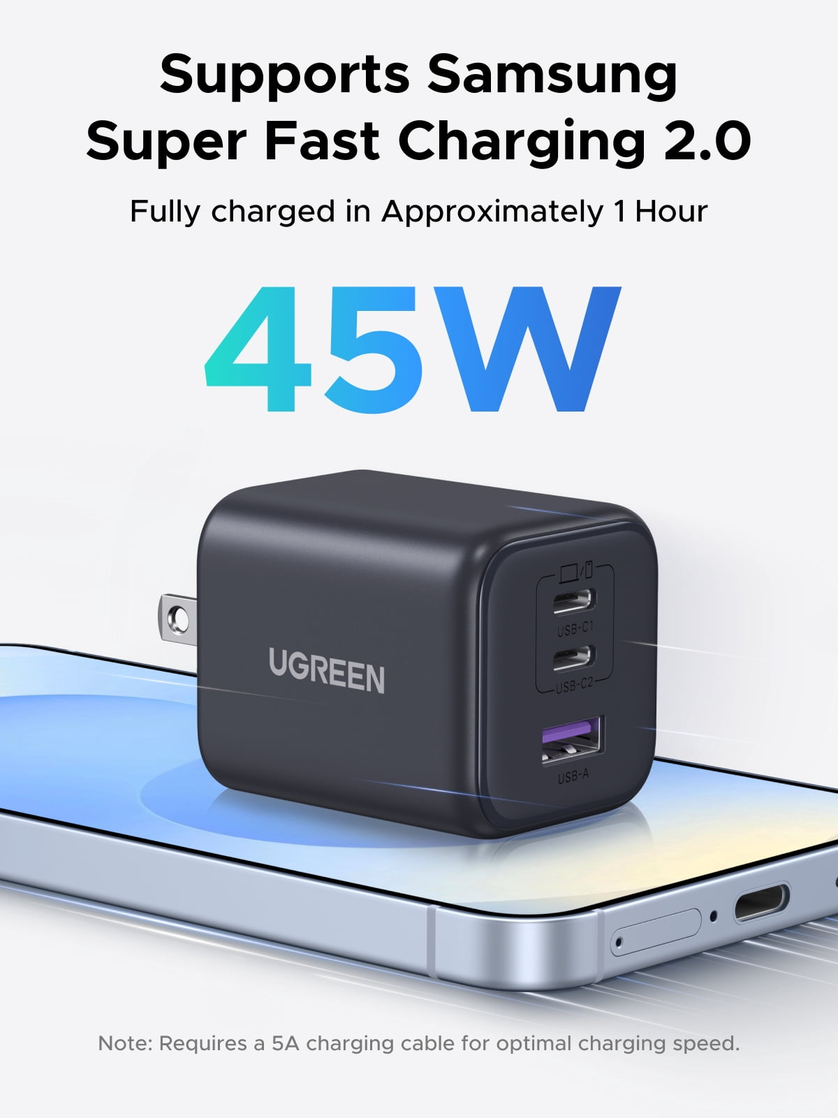 UGREEN Nexode Pro 45W USB C GaN Charger Block, Compact Triple Port Fast Wall Charger Compatible for MacBook, Compatible for iPhone,  Black