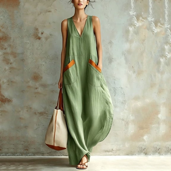 ClodeEU Women's V Neck Sleeveless Dress with Contrast Pockets ,Summer Solid Color Casual Loose Fit Midi Dress Green,Women's Plus L