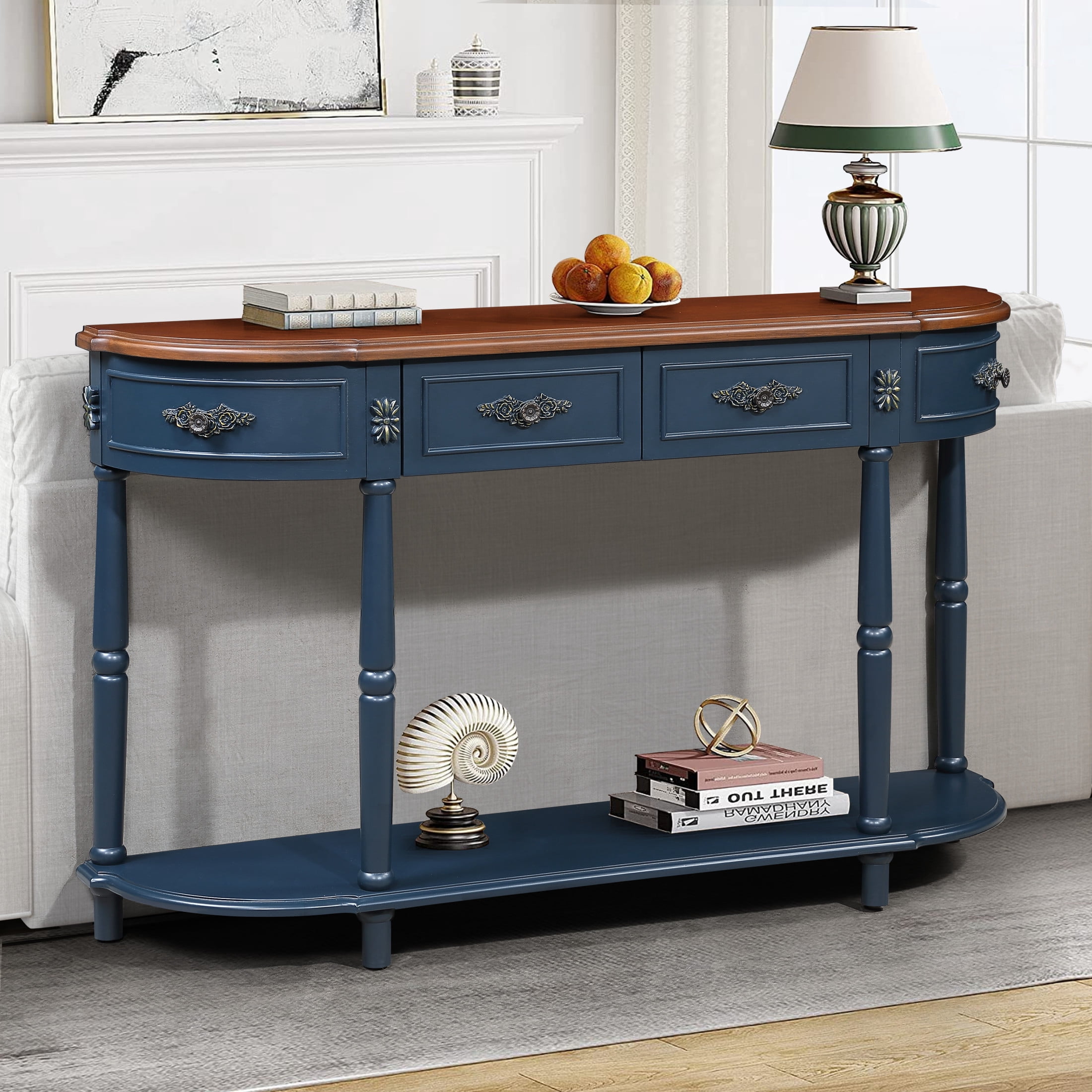 Noble House Ernestine Console Table, Pine Wood Frame with Drawers and Shelf, Half Moon Entryway Table, Navy Blue
