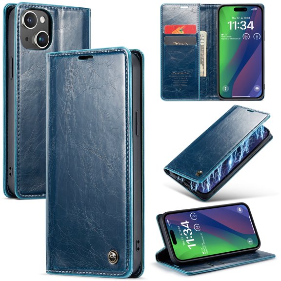 SaniMore for iPhone 15 Plus (6.7" 2023) Case, PU Leather Auto-magnet Full Protection Flip Kickstand Card & Cash Slots, Retro Shockproof Anti-fall Wallet Business Shell, Blue