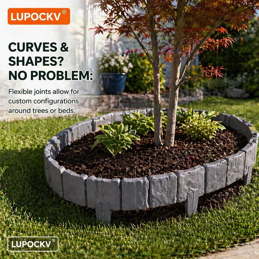 Imitation Stone Garden Fence, Grey Interlocking Plastic Retaining Edging Border for Landscape Decor, Flower Bed, Lawn, Yard, Path, and Grass