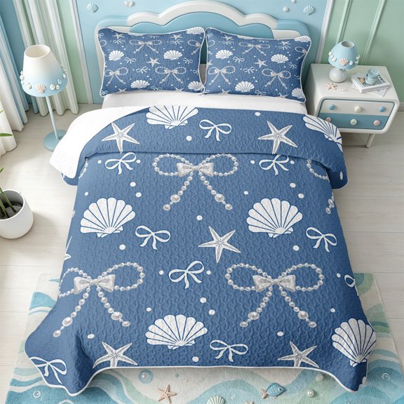 Manfei 3D Cartoon Shell Print Quilt Full,Ribbon Dreamy Bowtie Full Bedspread Sets,3pcs,1 Coverlet and 2 Pillowcases