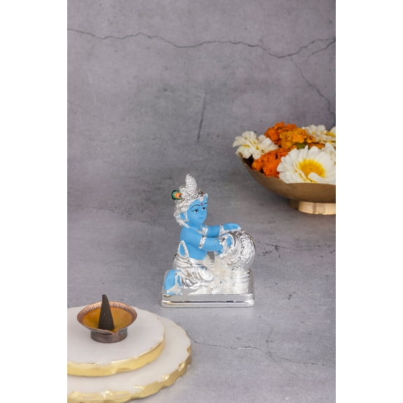 Baby Krishna MaakhanChor in Blue & Silver - 4.5 Inches