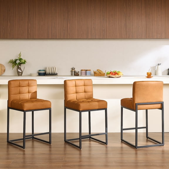 GrandNoor Modern Counter Height Bar Stools Set of 3,25 inch Checkered Wiring Thick Upholstered Barstools with Back Sturdy Metal Legs, Brown Faux Leather Counter Stools for Kitchen Island