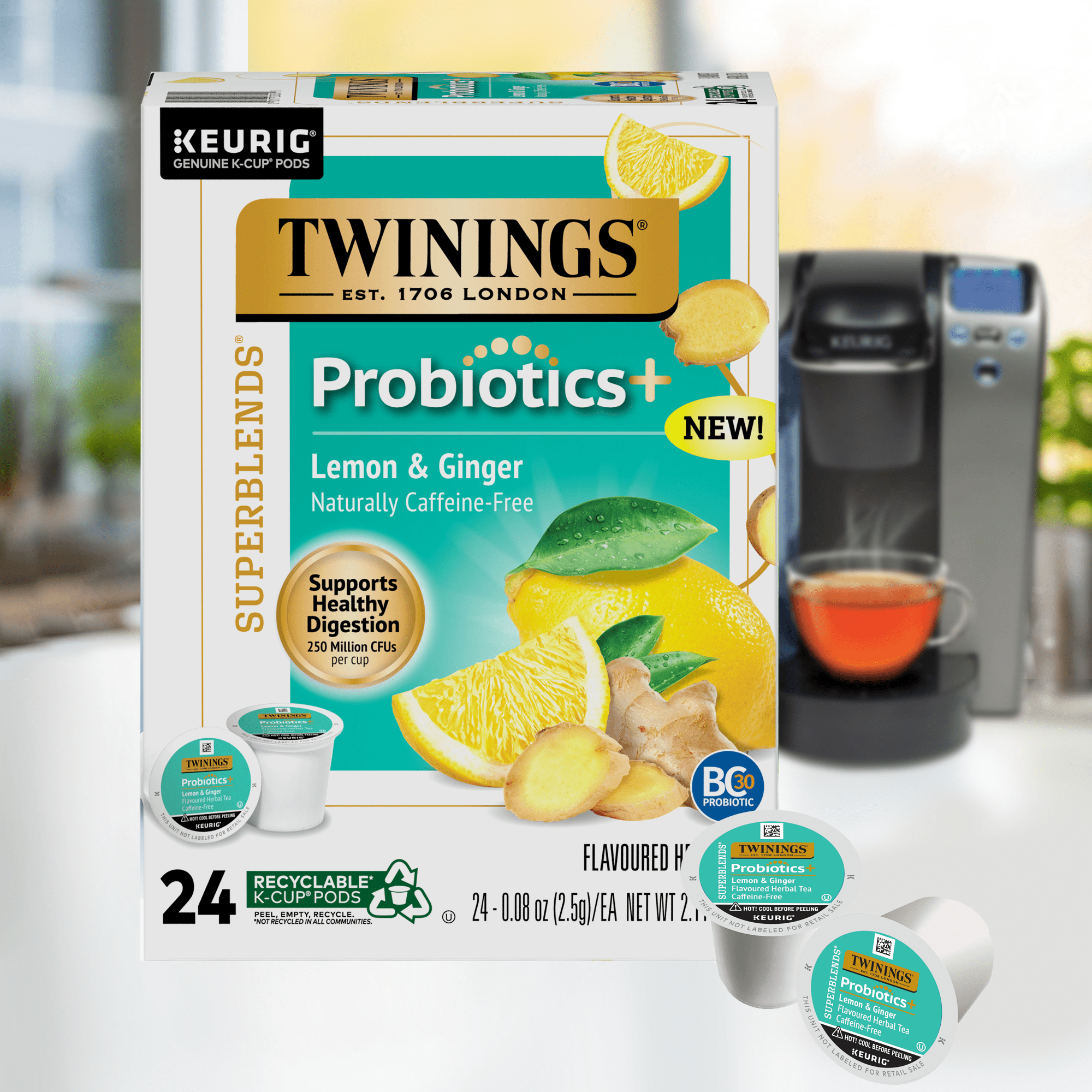 Twinings Lemon & Ginger + Probiotics K-Cup Pods for Keurig, 24