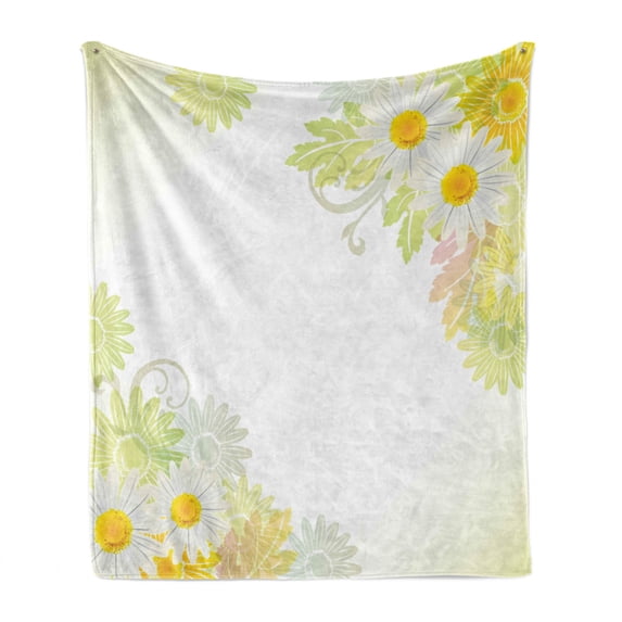 Flower Soft Flannel Fleece Throw Blanket, Floral Daisies Abstract Oriental Details and Leaves with Sun Like Art Print, Cozy Plush for Indoor and Outdoor Use, 50" x 60", White and Yellow, by Ambesonne