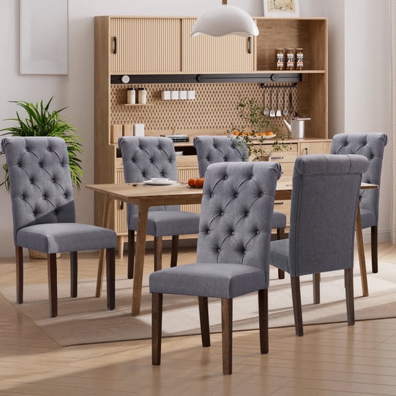 EOP Upholstered Dining Chairs Set of 6, Parsons Fabric Kitchen Chairs with Padded Seat, Button Tufted Armless Dining Side Chairs with Wood Legs, Gray