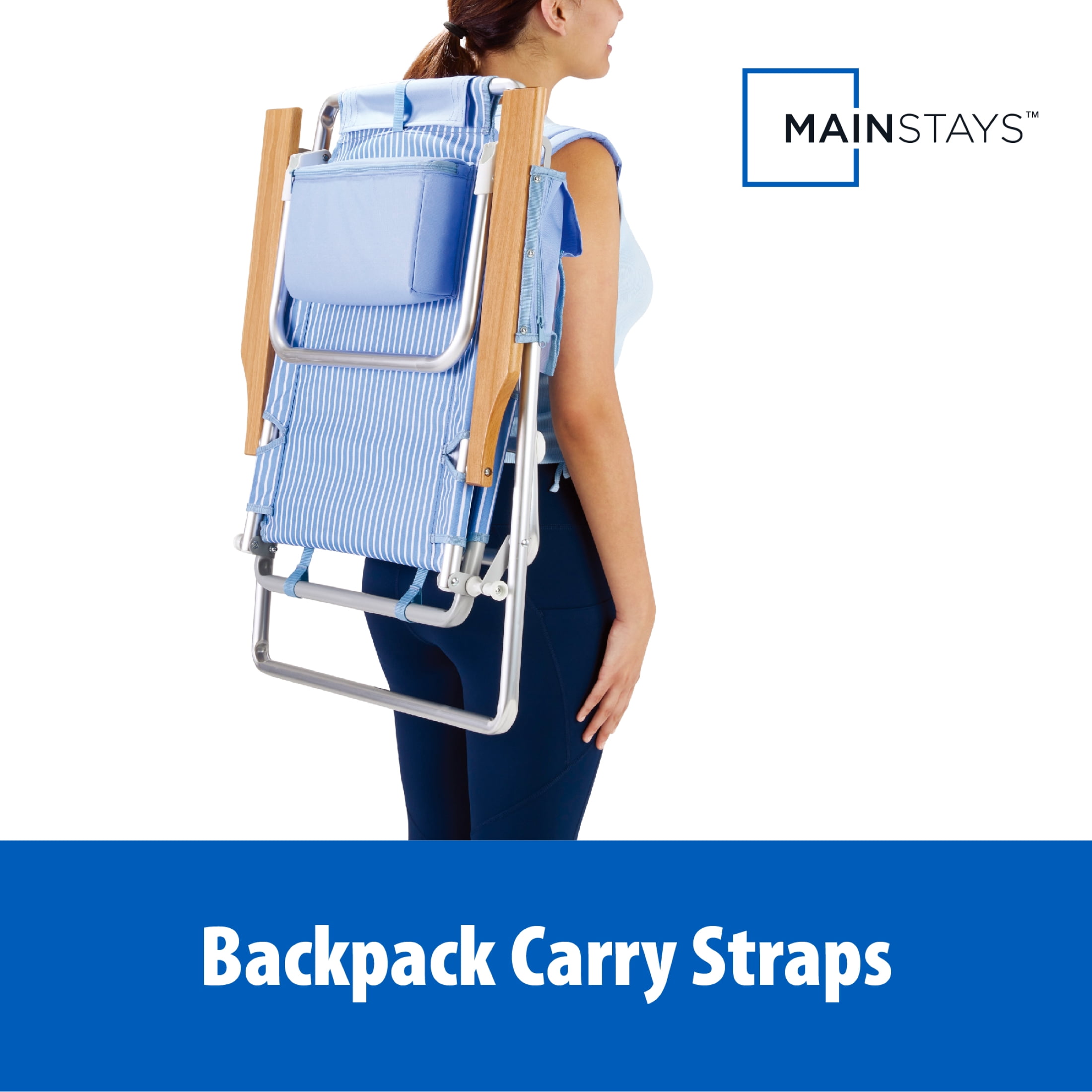 Mainstays Reclining Beach Chair with Backpack Straps and Wooden Armrests, Thin Blue Stripe