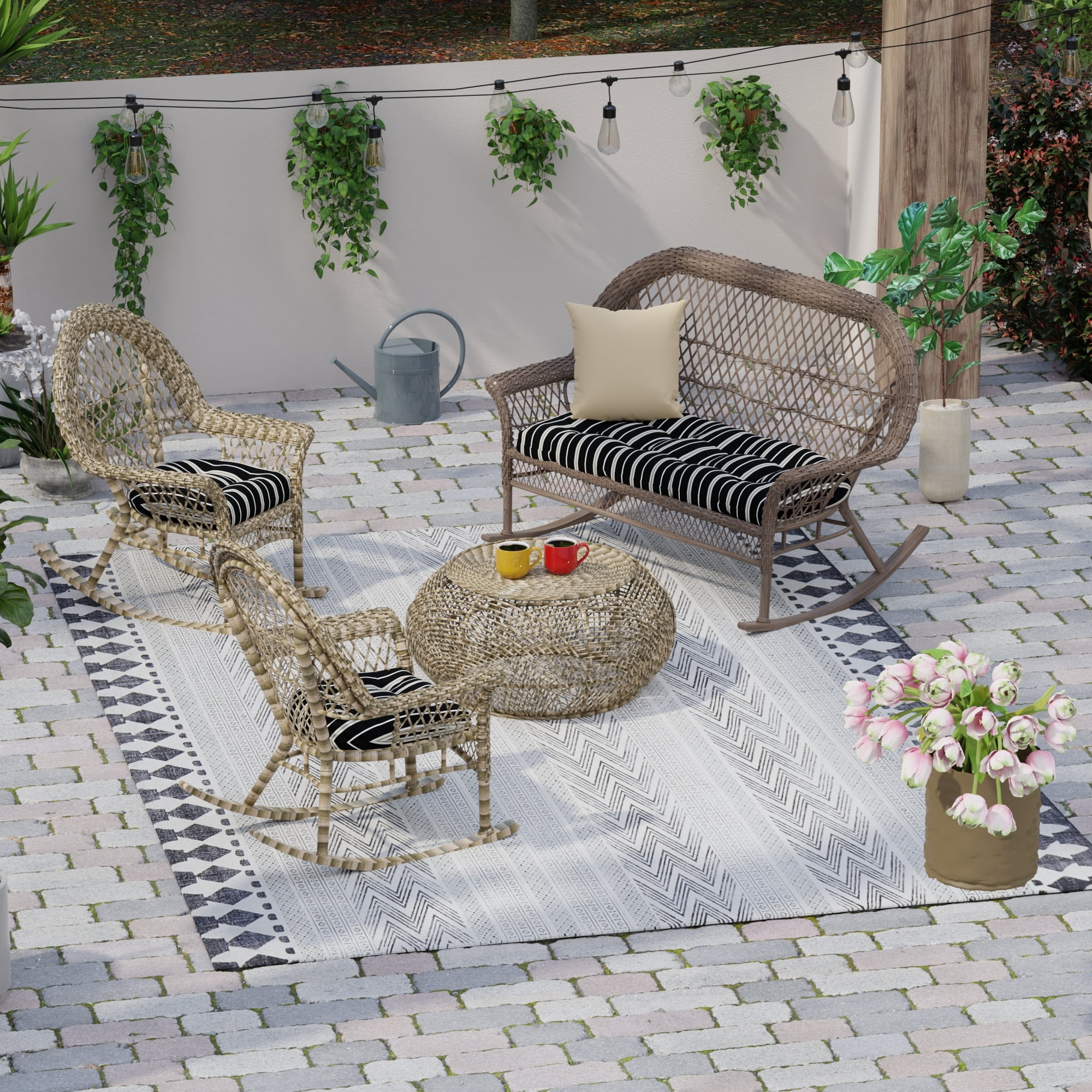 Jordan Manufacturing 3-Piece Platt Ink Black Stripe Tufted Outdoor Cushion Set with 1 Wicker Bench Cushion and 2 Wicker Seat Cushions