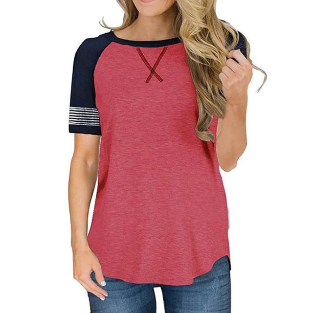 T-Shirts à Manches Courtes pour Femmes Blouse Rayée Tops Décontractés à Blocs de Couleur