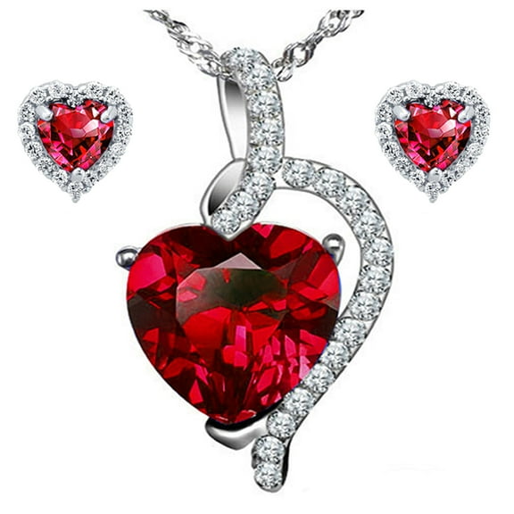 4.10 Carat TCW Heart Cut Gemstone Created Ruby 925 Sterling Silver Necklace Pendand & Earrings 3 Pieces Jewelry Set
