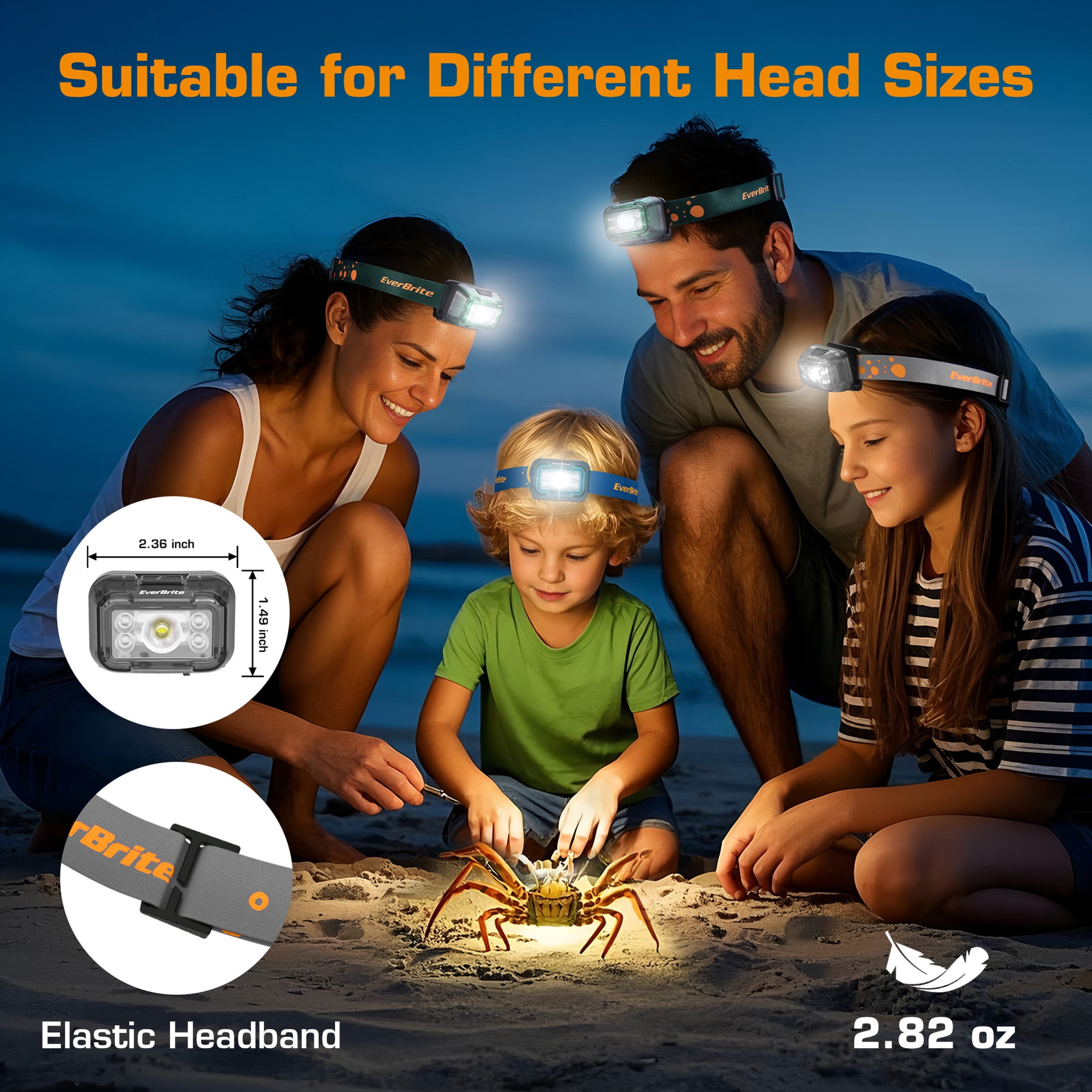 EverBrite Rechargeable LED Headlamp 2 Pack for Kids and Adults, 5 Modes with White Red Green Light, 120° Adjustable, Memory Function, Gray