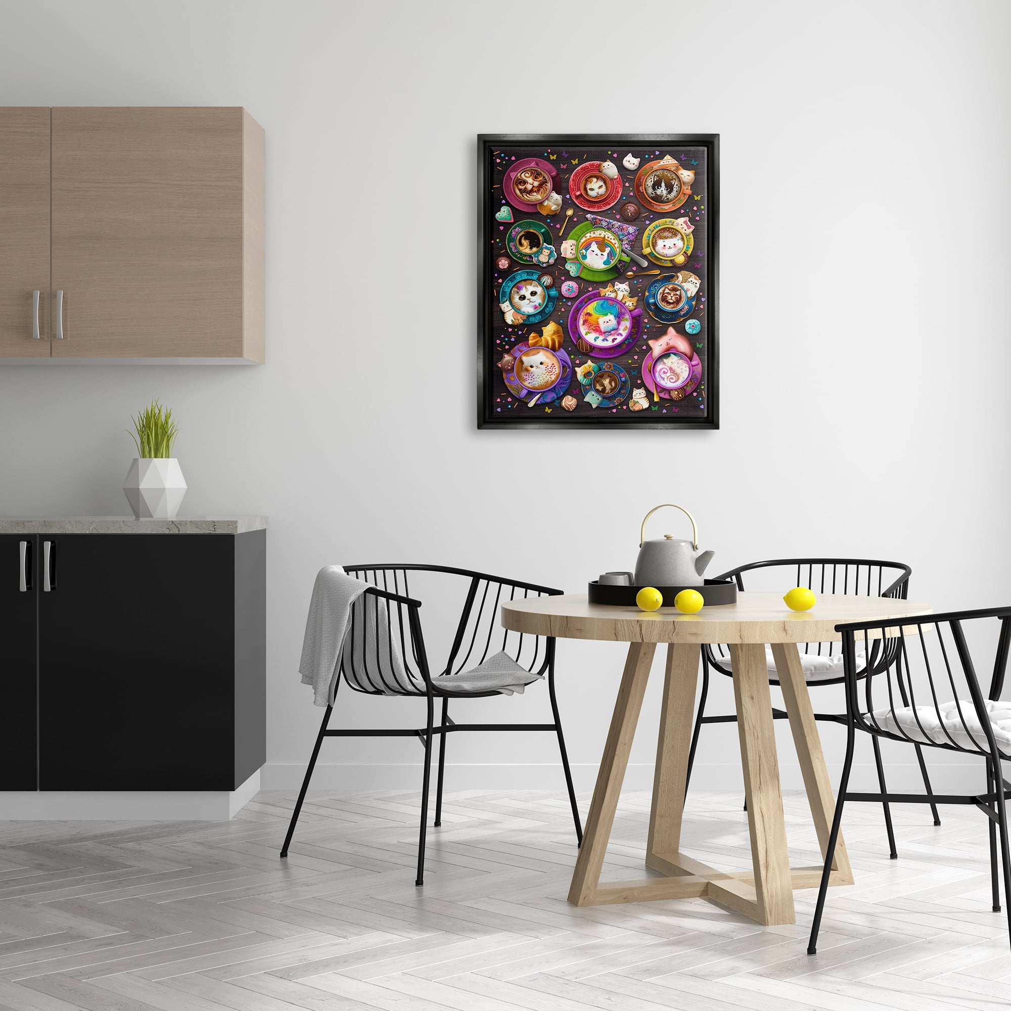 Stupell Industries Cat Lattes & Coffee Food & Beverage Painting Black Floater Framed Canvas Art Print Wall Art, 25 x 31