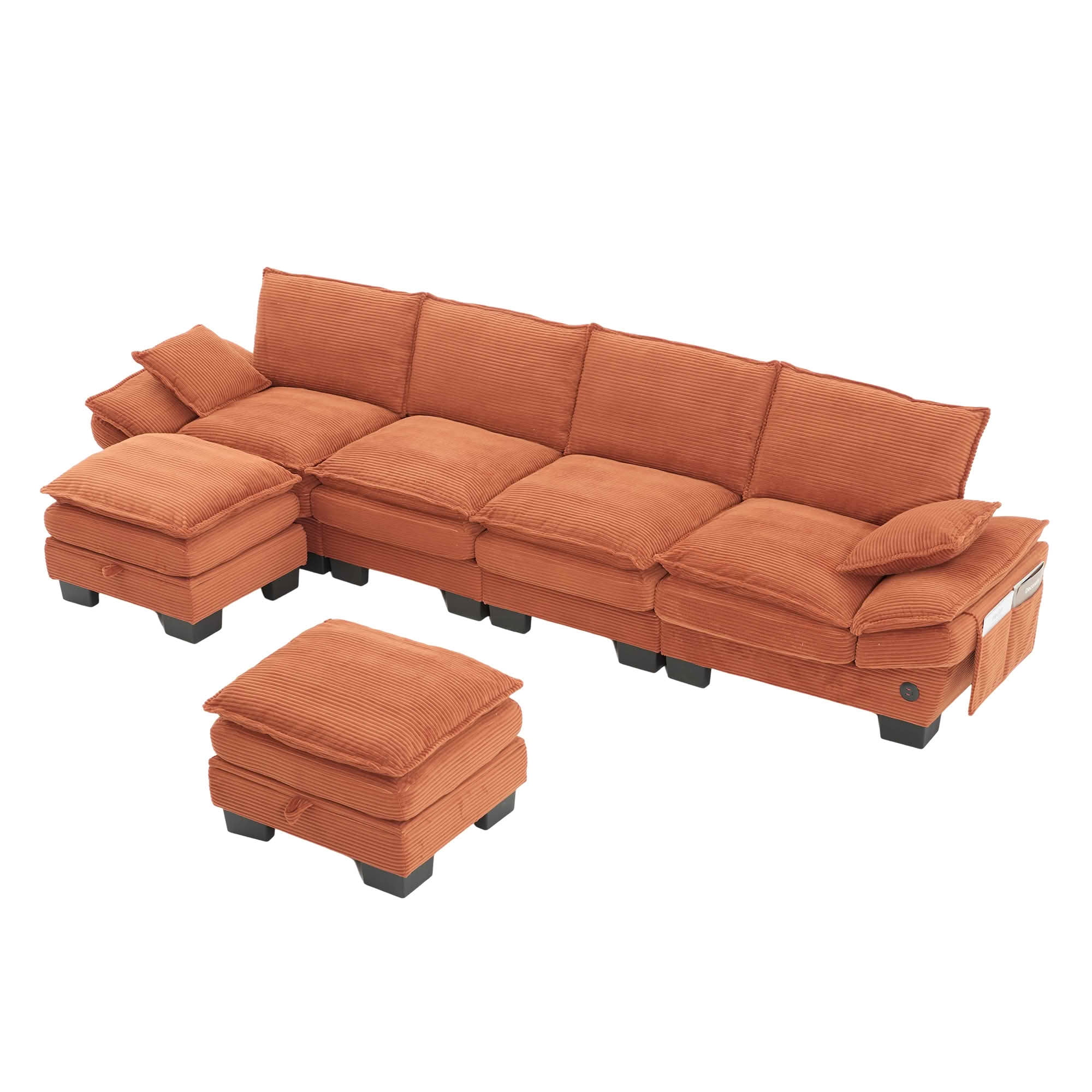 MAYEERTY Multi-Config Cloud Corduroy Modular Sofa, Deep Seat Sectional Couch with Storage Footstool & USB Ports for Small Apartment