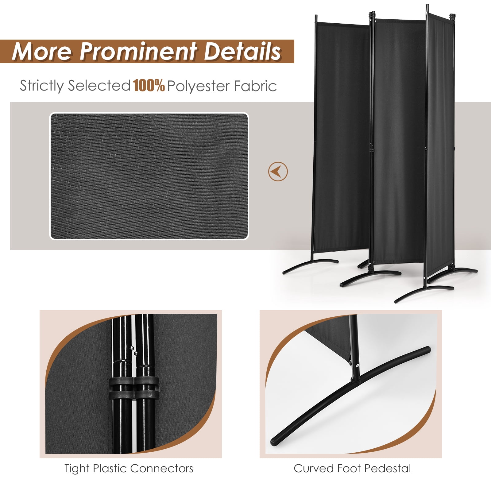 Patiojoy 5.6Ft Tall Folding Room Divider Freestanding 4-Panel Privacy Screen w/Iron Frame Black