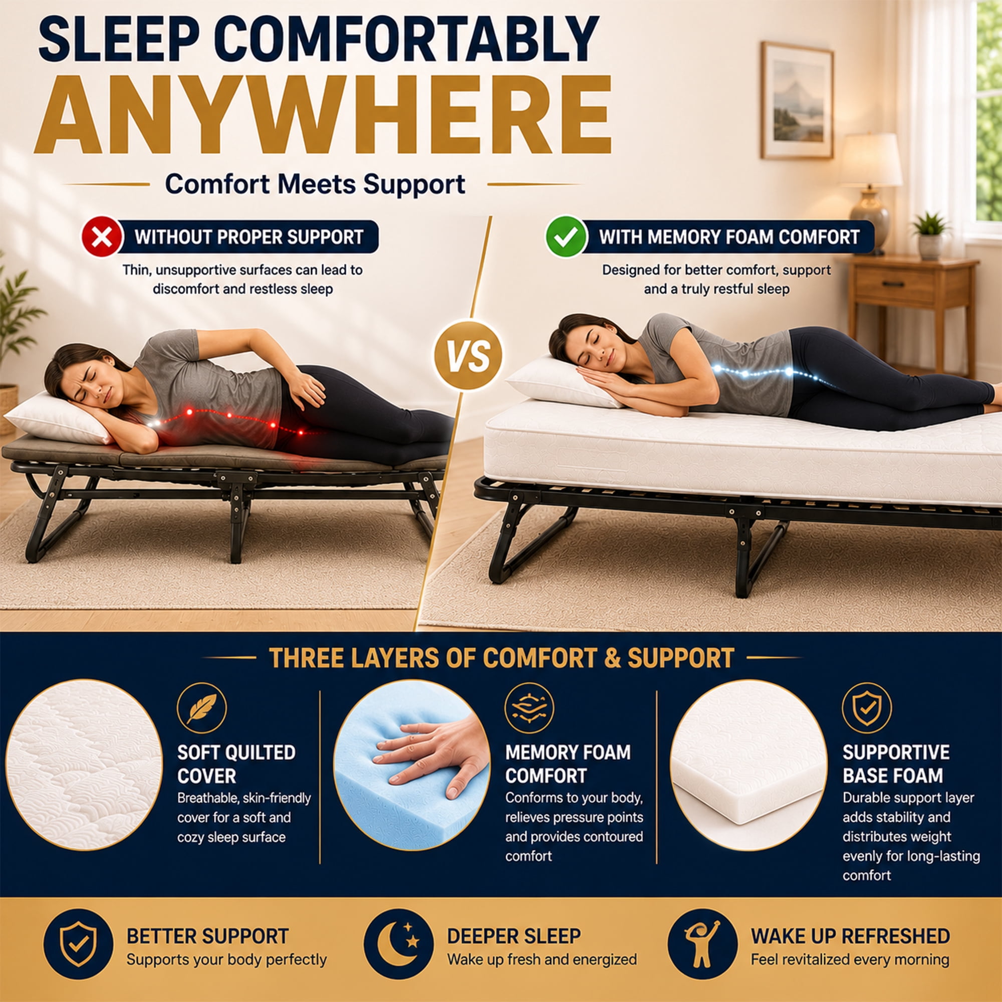 Continental Sleep, 14″ High Folding Guest Bed with 3″ Memory Foam Mattress, Sturdy Metal Frame, Easy Access for Seniors, Underbed Storage, Comfortable Rollaway Bed for Guests, 26″ Wide