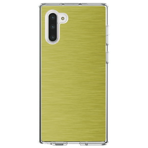 DistinctInk Clear Shockproof Hybrid Case for Samsung Galaxy Note 10 (6.3" Screen) - TPU Bumper, Acrylic Back, Tempered Glass Screen Protector - Yellow Stainless Steel Image - Printed Stainless