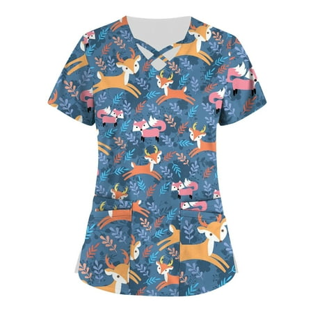 

HIMIWAY Plus Size Cute Printed Scrub Working Uniform Tops For Women Cross V-Neck Short Sleeve Fun T-Shirts Workwear Tee With Pockets