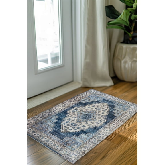 Mainstays- Vintage Persian Medallion Pattern Cashmere Velvet Plush Ivory Blue, Accent Scatter Mat 2x3, Recommended for Hallway, Bedroom, Kitchen, and Laundry room