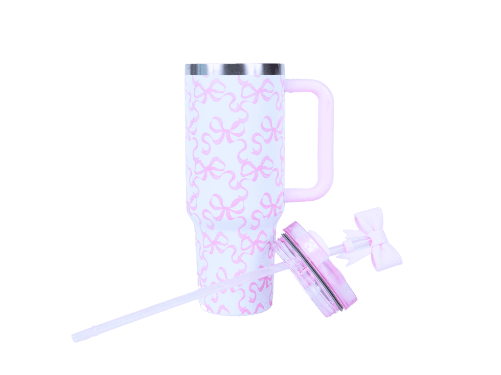 Hi Peach Layne Pink Bow Tumbler 40oz with Straw, Handle, & 30g Bath Bomb Inside, Limited Edition