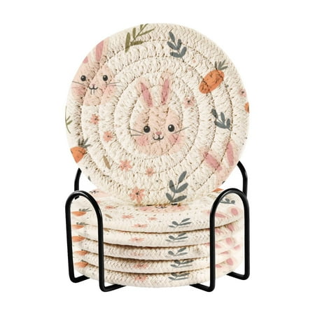 

6-Pack Coiled Coasters Set with Storage Rack Heat-Resistant for Home Office or Gift Rabbit Face and Carrots (3.94in Diameter)