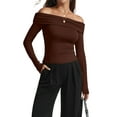 thumbnail image 2 of Women'S Off Shoulder Tops Dressy Casual Slim Fit Long Sleeves Spring Fall Blouse Going Out Shirt Coffee Color L, 2 of 8