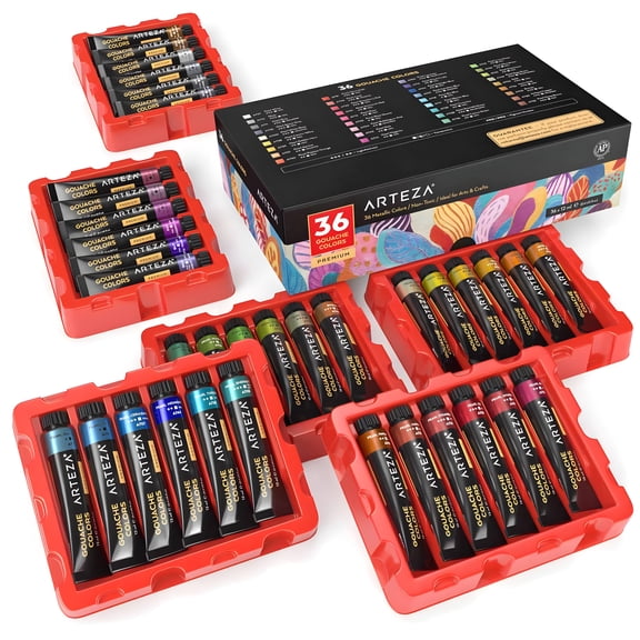 Arteza Acrylic Artist Paint, Metallic Finish, Multicolor, Set of 36, 12 mL
