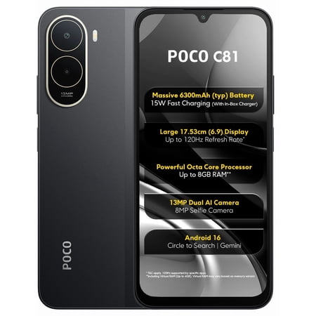 XIAOMI Poco C81 Pro Ai 4G LTE (Compatible with Tmobile Tello Mint Boost & Global) (128GB + 4GB) 13MP Ai Dual Camera 6.9" Model 25128RN17L Dual Sim Unlocked Liberado (Black)