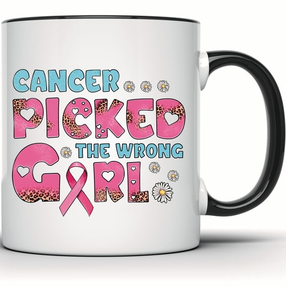 Cancer Picked The Wrong Girl Mug, Breast Cancer Awareness Ribbon, Pink Floral Cheetah Print, Survivor Fighter Gift - 11 Ounce Black Rim Handle Novelty Coffee Cup - WMUG1911-BLK