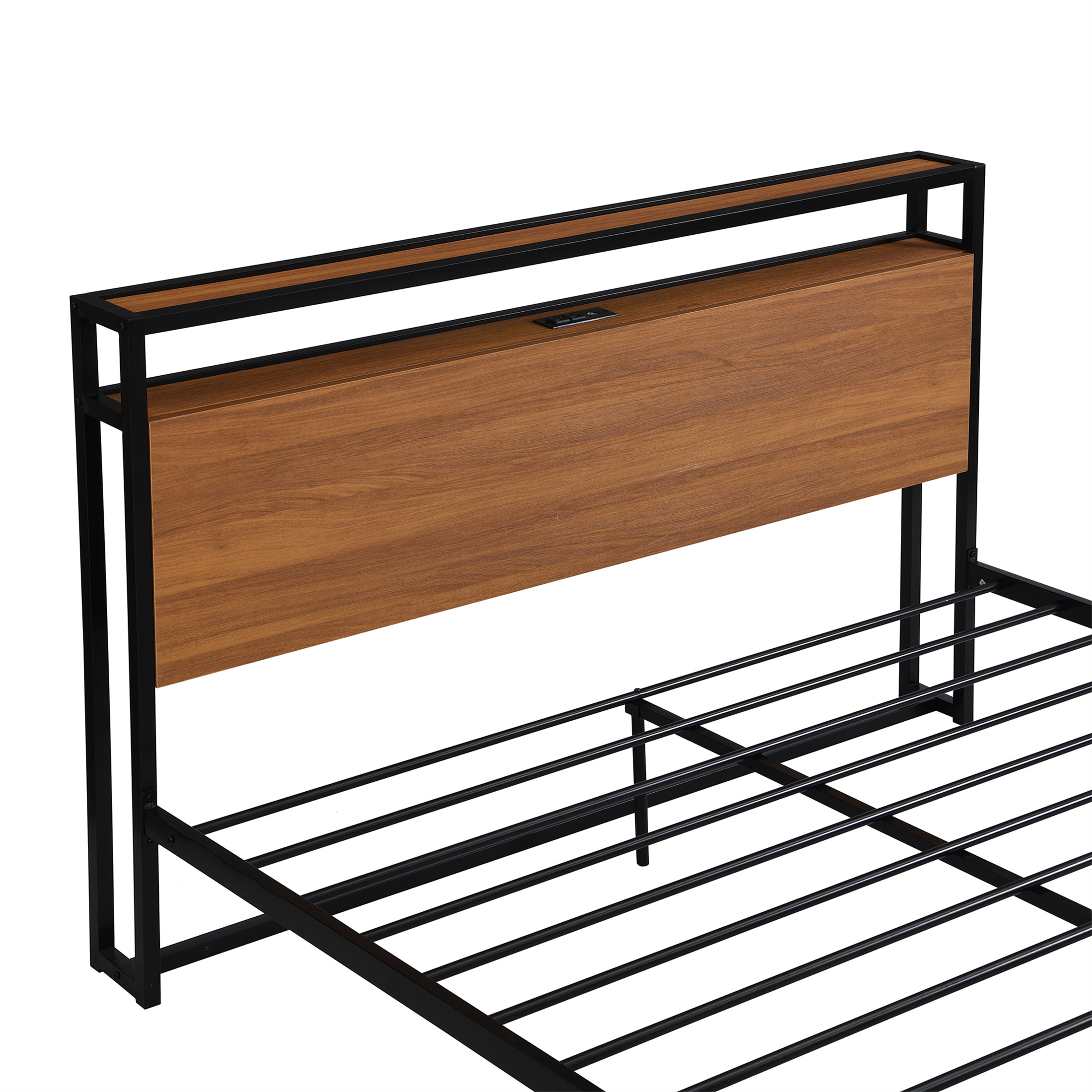 Aukfa Metal Queen Size Bed Frame with 2-Tier Storage Headboard Shelf, 2 USB Ports, Brown